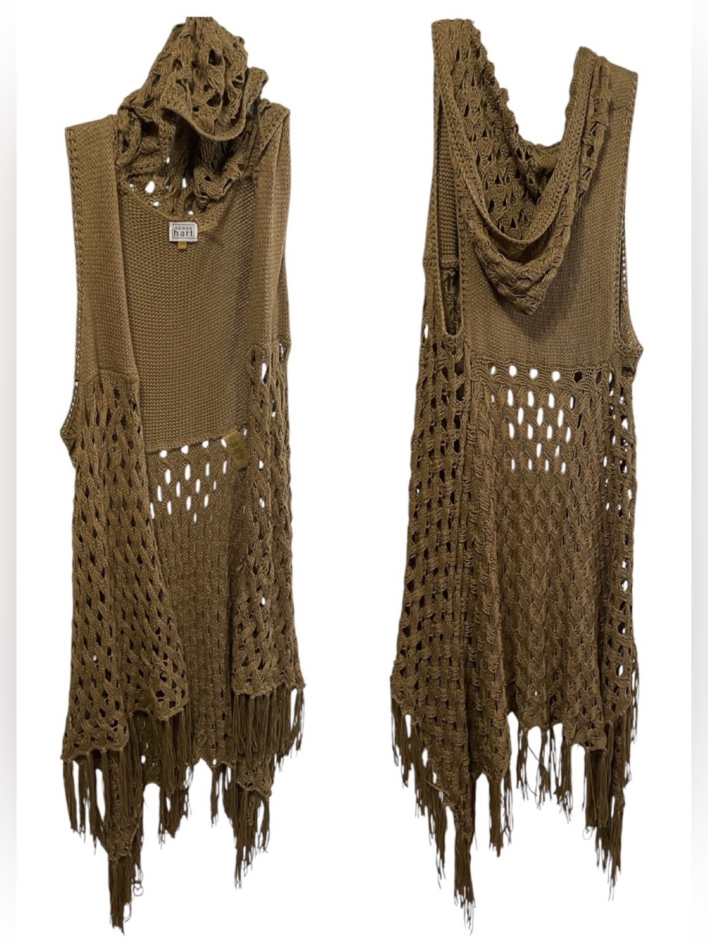Crochet open weave  fringe boho vest with hood festival gremlin size S/M brown